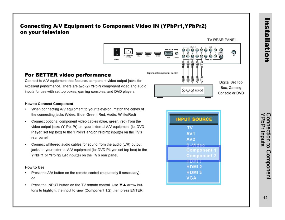 Apex Digital LD4088 user manual Connection to Component YPbPr Inputs, How to Connect Component 