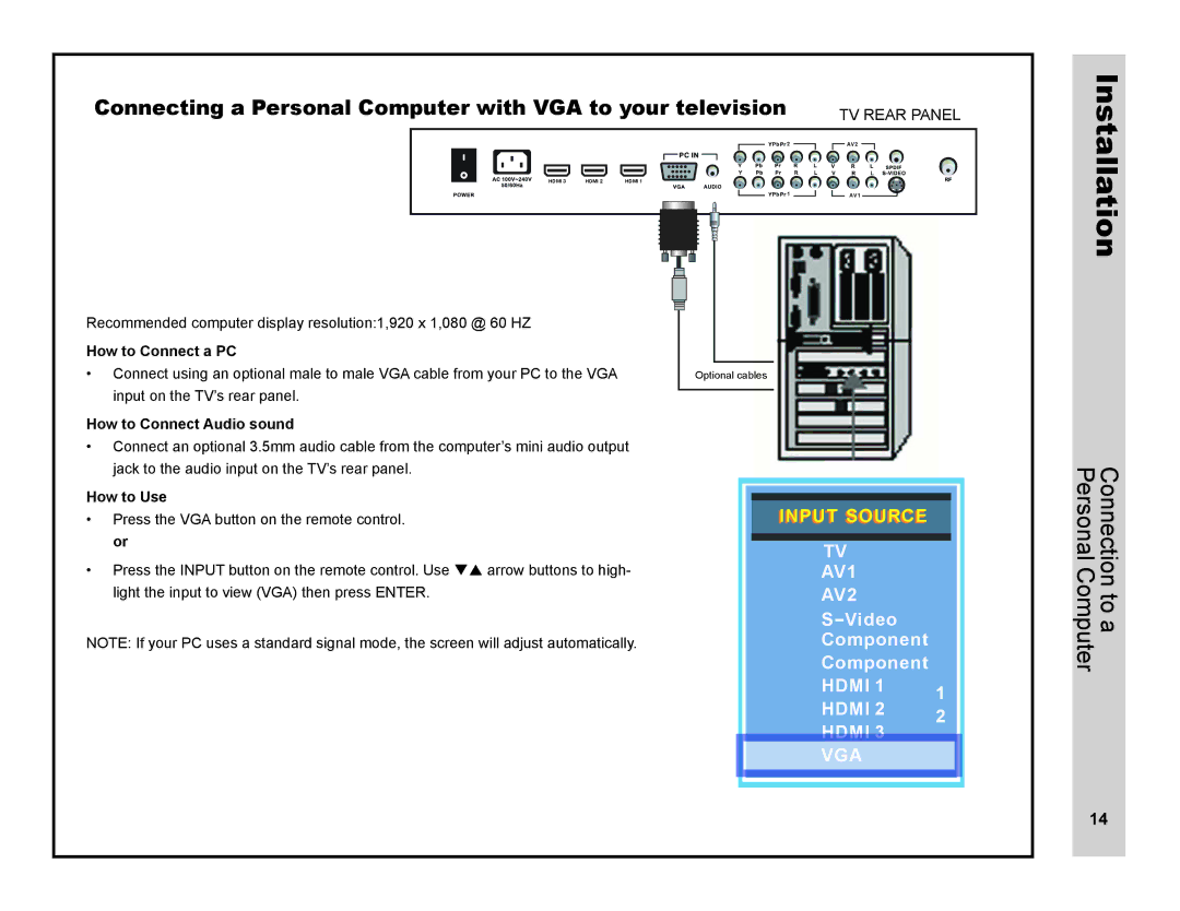 Apex Digital LD4088 user manual Connection to a Personal Computer, How to Connect a PC, How to Connect Audio sound 