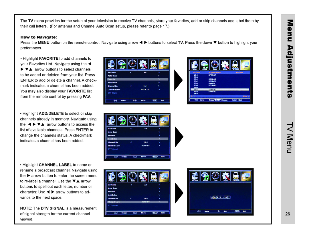 Apex Digital LD4088 user manual Menu Adjustments, TV Menu 