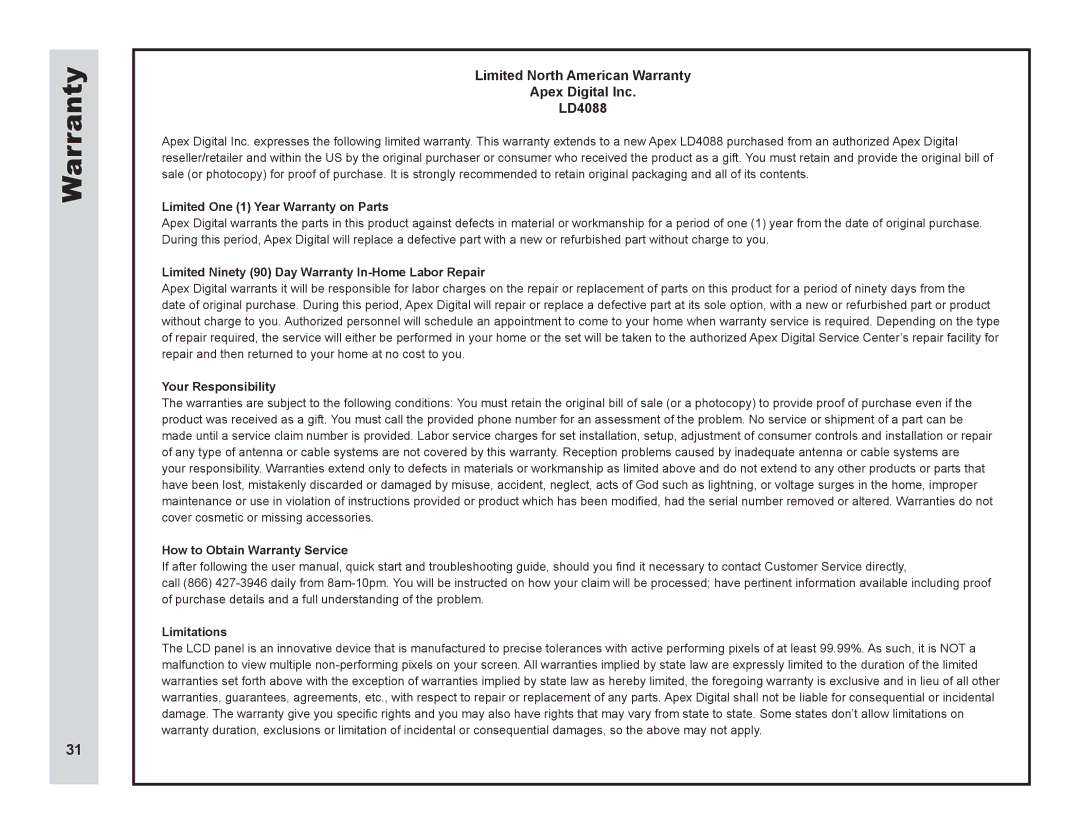 Apex Digital user manual Limited North American Warranty Apex Digital Inc LD4088 
