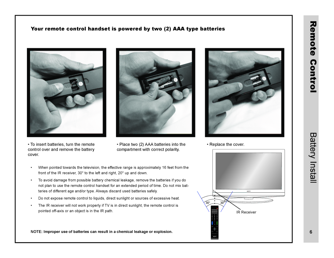 Apex Digital LD4088 user manual Remote Control, Battery Install 