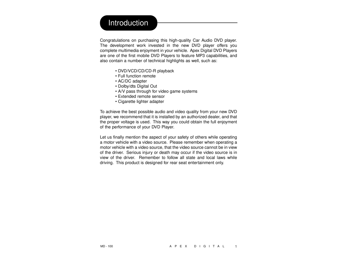 Apex Digital MD 100 manual Introduction 