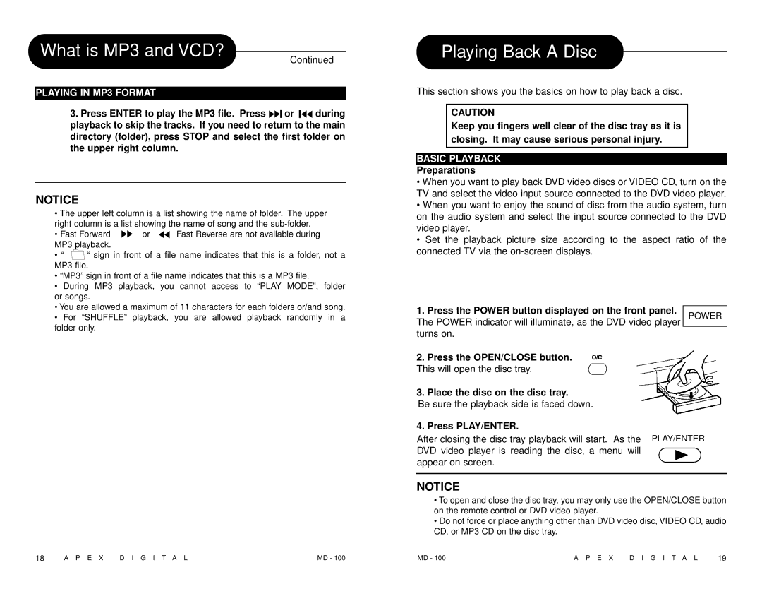 Apex Digital MD 100 manual Playing Back a Disc, Basic Playback 