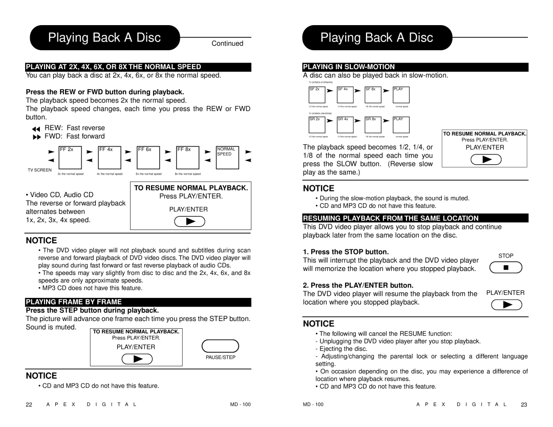 Apex Digital MD 100 manual Playing AT 2X, 4X, 6X, or 8X the Normal Speed, Playing in SLOW-MOTION, Playing Frame by Frame 