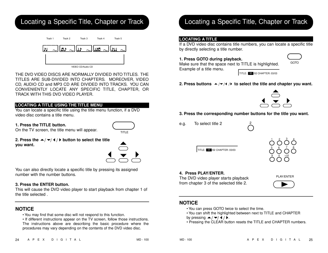 Apex Digital MD 100 manual Locating a Title Using the Title Menu 