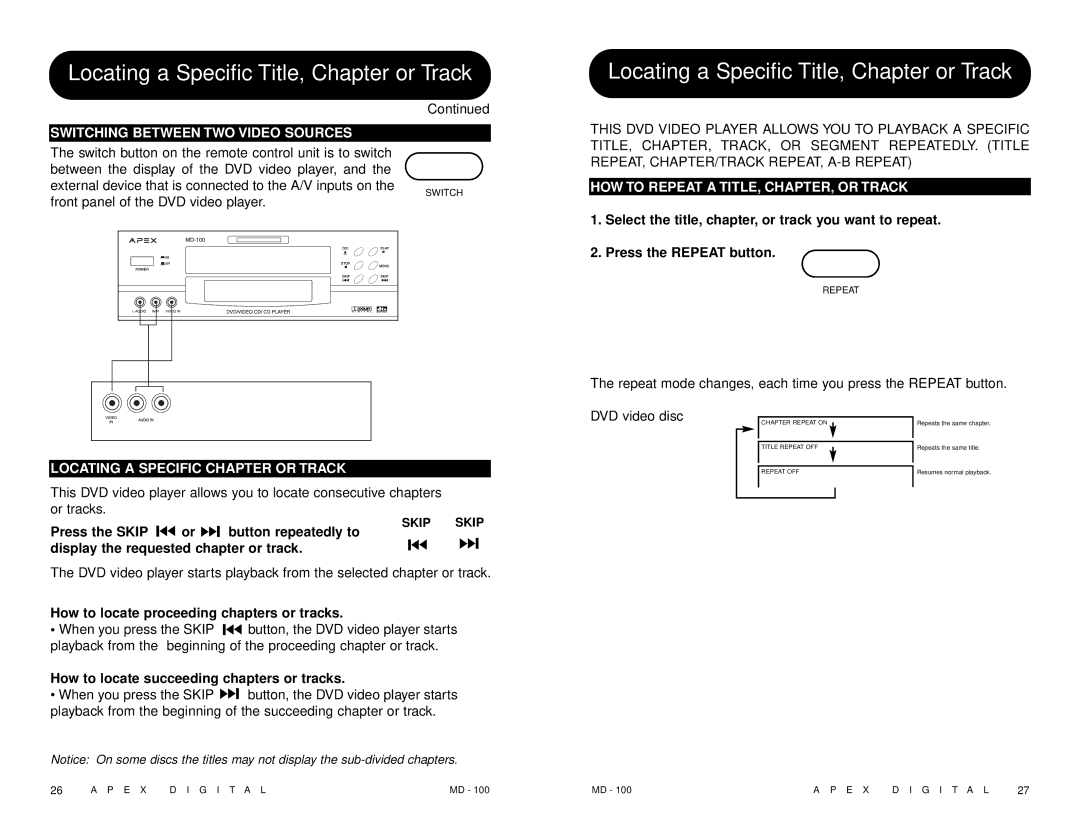 Apex Digital MD 100 manual Switching Between TWO Video Sources, Locating a Specific Chapter or Track 