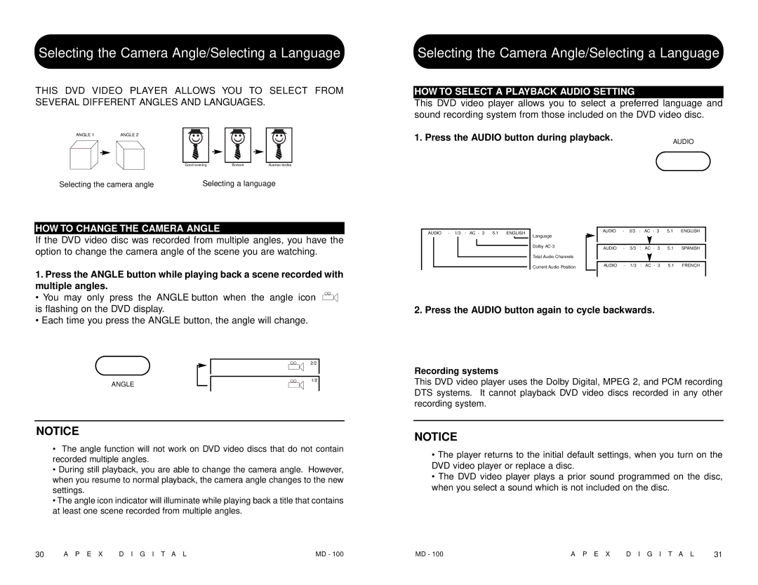 Apex Digital MD 100 manual HOW to Change the Camera Angle, HOW to Select a Playback Audio Setting 