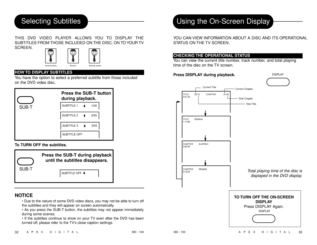 Apex Digital MD 100 manual Selecting Subtitles, Using the On-Screen Display, HOW to Display Subtitles 