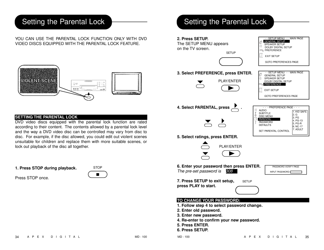 Apex Digital MD 100 manual Setting the Parental Lock, To Change Your Password 