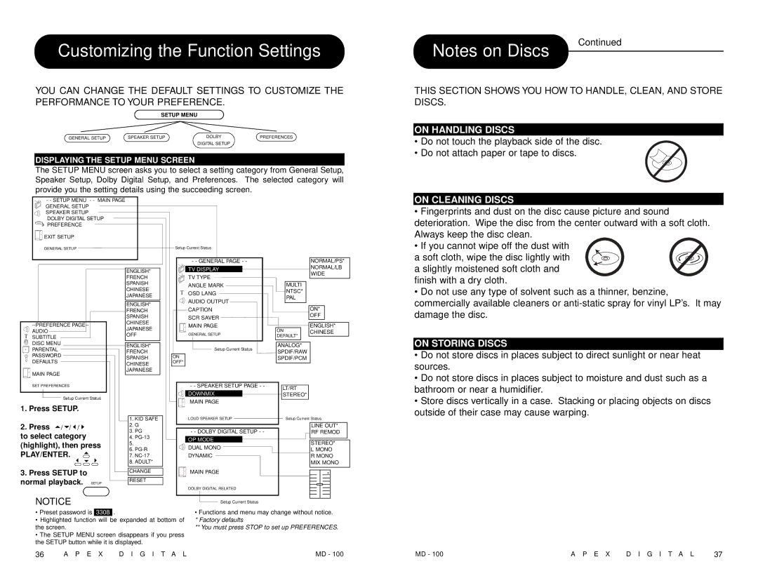 Apex Digital MD 100 manual Customizing the Function Settings, On Handling Discs, On Cleaning Discs, On Storing Discs 