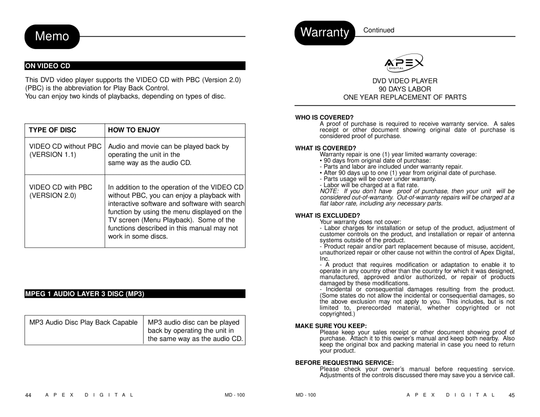 Apex Digital MD 100 manual Warranty, On Video CD, Mpeg 1 Audio Layer 3 Disc MP3 