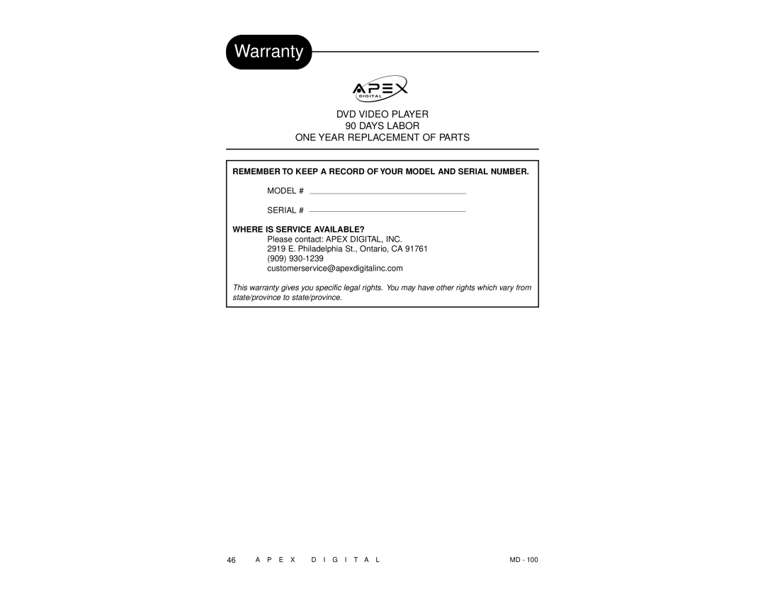 Apex Digital MD 100 manual Remember to Keep a Record of Your Model and Serial Number 