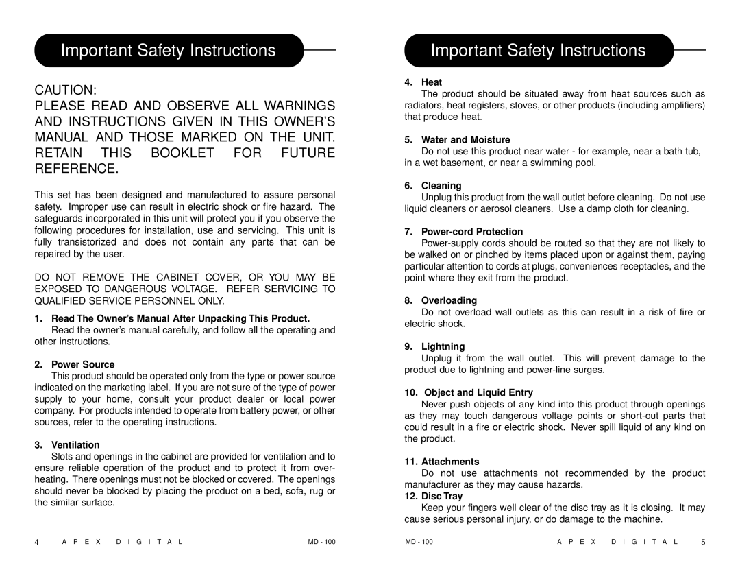 Apex Digital MD 100 manual Important Safety Instructions, Power Source 