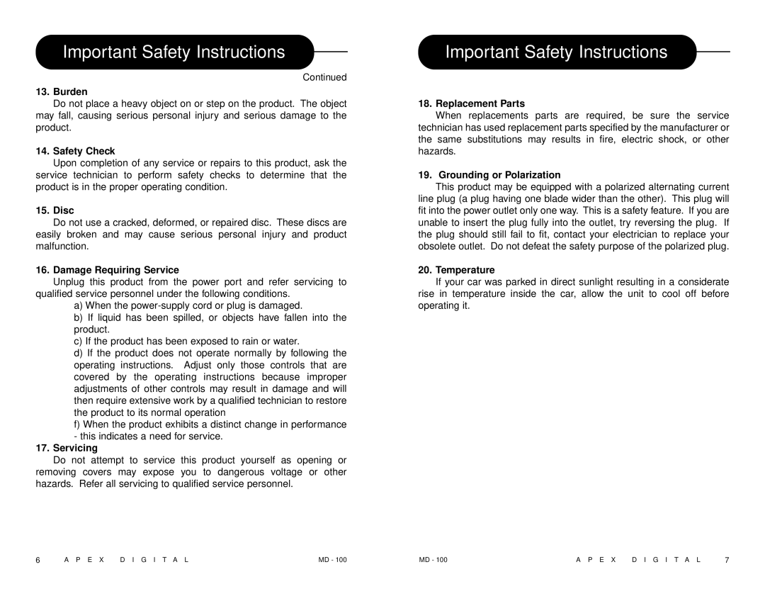 Apex Digital MD 100 manual Burden 