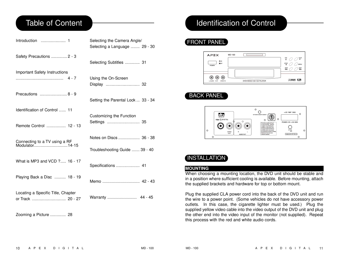 Apex Digital MD 100 manual Table of Content, Identification of Control, Mounting 