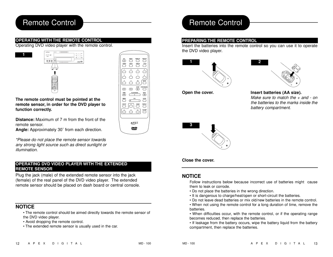 Apex Digital MD 100 manual Operating with the Remote Control, Preparing the Remote Control 