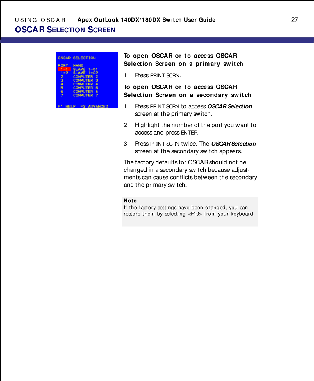 Apex Digital model 140DX manual Oscar Selection Screen 