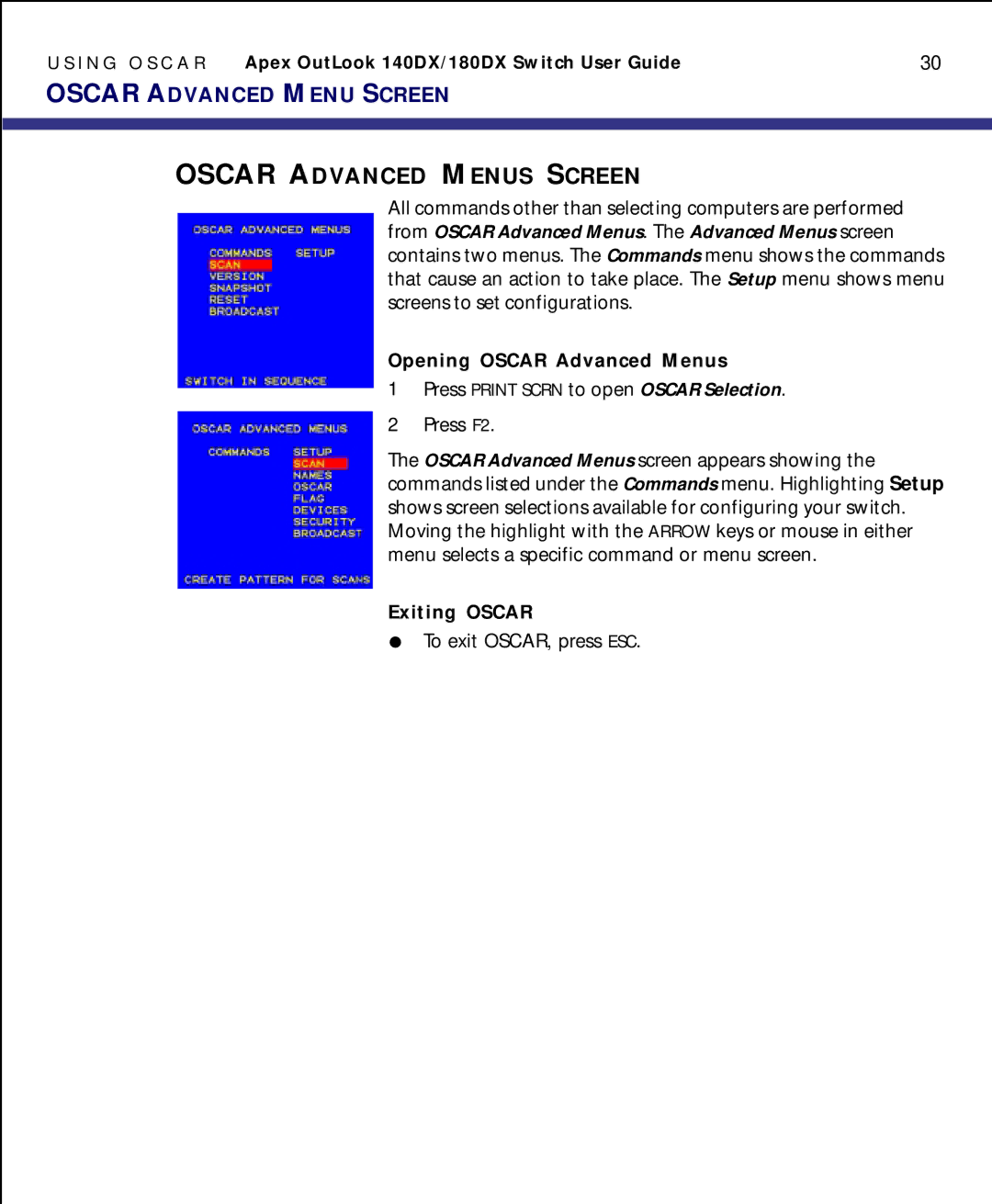 Apex Digital model 140DX manual Oscar Advanced Menu Screen, Opening Oscar Advanced Menus, Exiting Oscar 