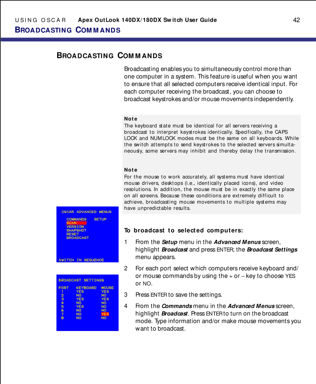 Apex Digital model 140DX manual Broadcasting Commands, To broadcast to selected computers 