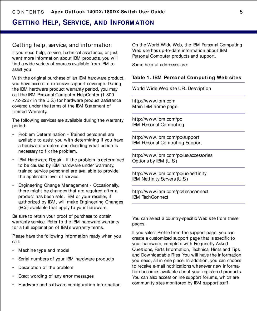 Apex Digital model 140DX manual Getting HELP, SERVICE, and Information, IBM Personal Computing Web sites 