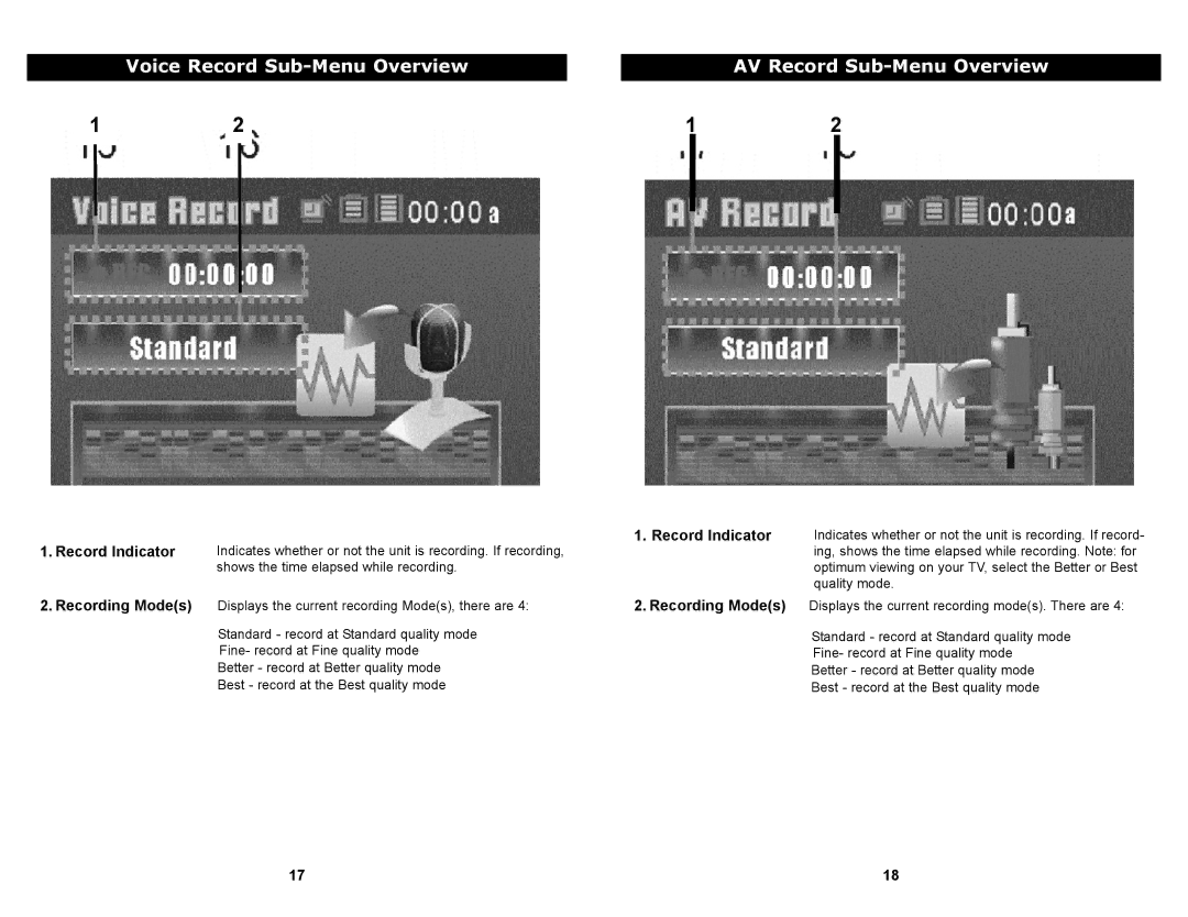Apex Digital MP-2000 manual Voice Record Sub-Menu Overview AV Record Sub-Menu Overview, Record Indicator Recording Modes 