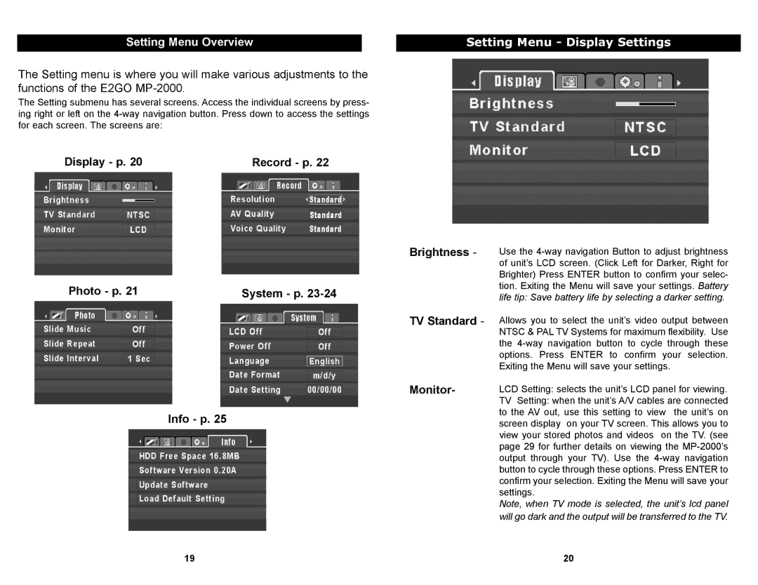 Apex Digital MP-2000 manual Setting Menu Overview, Setting Menu Display Settings 