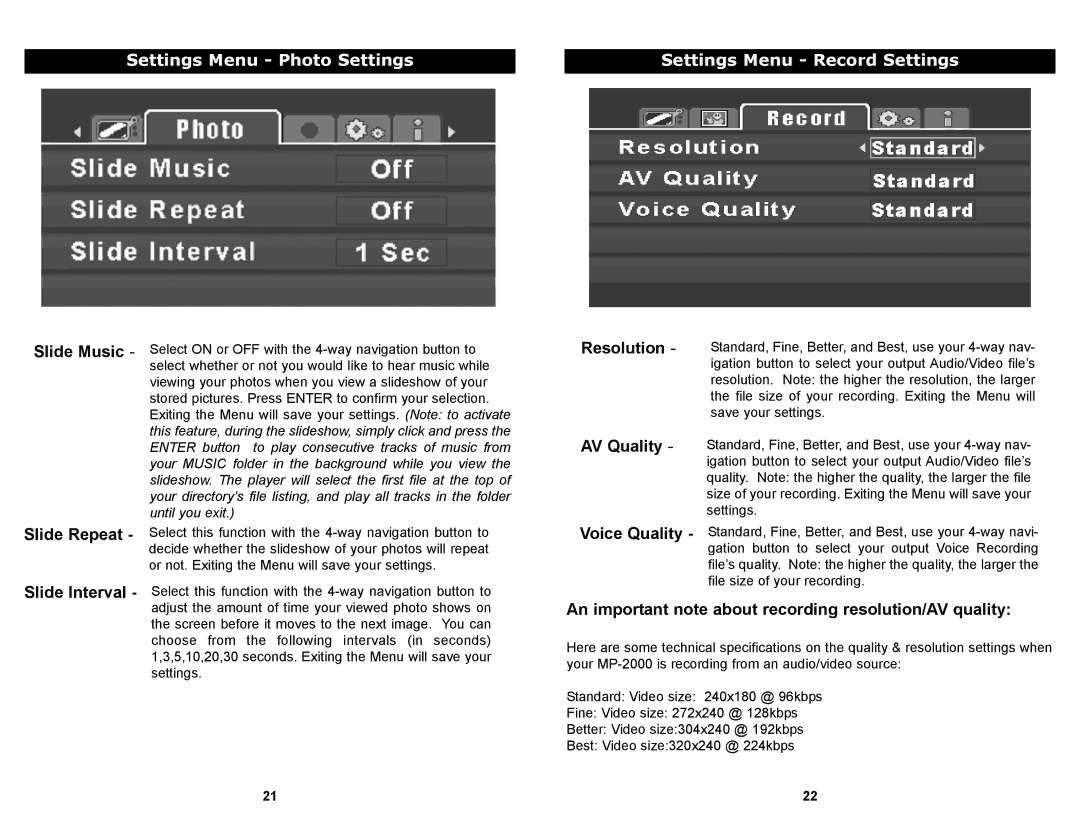 Apex Digital MP-2000 manual Settings Menu Photo Settings Settings Menu Record Settings, Slide Music Slide Repeat 