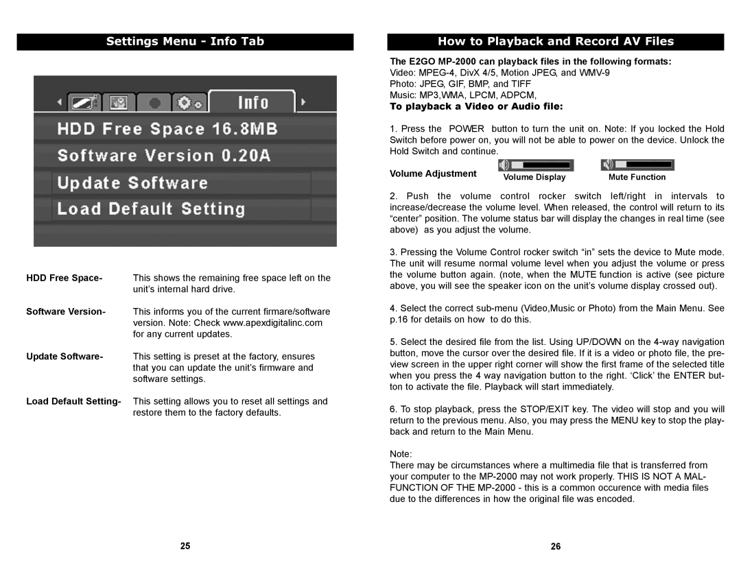 Apex Digital MP-2000 manual Settings Menu Info Tab, How to Playback and Record AV Files, To playback a Video or Audio file 