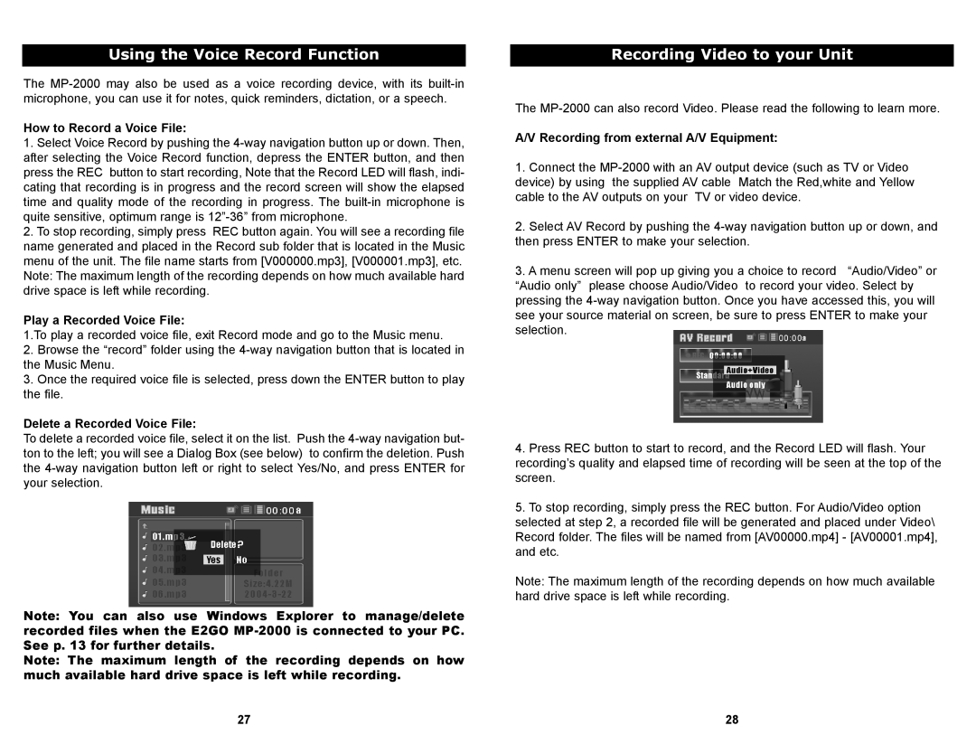 Apex Digital MP-2000 manual Using the Voice Record Function, Recording Video to your Unit 