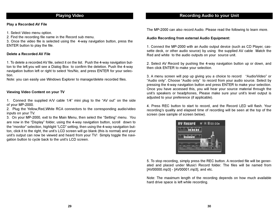 Apex Digital MP-2000 manual Playing Video, Recording Audio to your Unit 