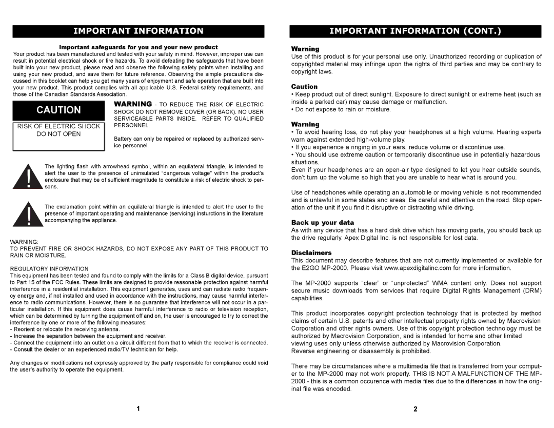 Apex Digital MP-2000 manual Important Information, Important safeguards for you and your new product 