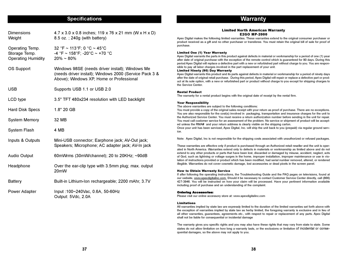 Apex Digital manual Specifications, Limited North American Warranty E2GO MP-2000 