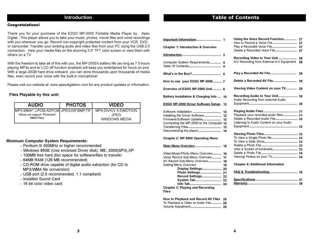 Apex Digital MP-2000 manual Table of Contents 