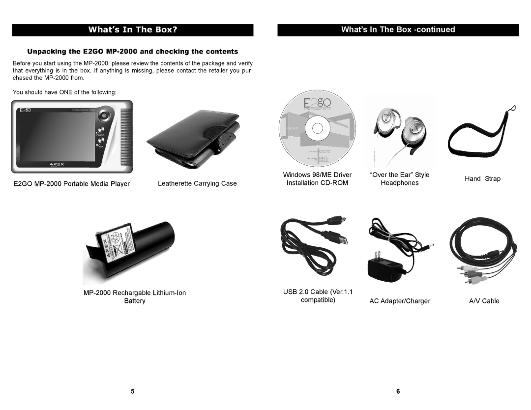 Apex Digital manual What’s In The Box?, Unpacking the E2GO MP-2000 and checking the contents 