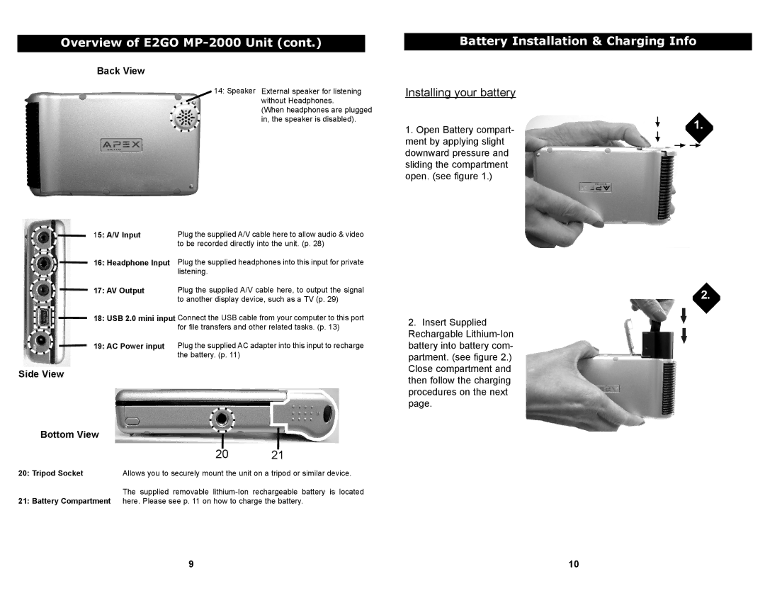 Apex Digital MP-2000 manual Battery Installation & Charging Info, Back View, Side View Bottom View, Tripod Socket 