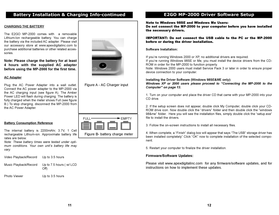 Apex Digital MP-2000 manual Firmware/Software Updates, Charging the Battery 