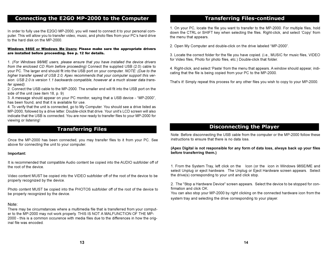 Apex Digital manual Connecting the E2GO MP-2000 to the Computer, Transferring Files, Disconnecting the Player 