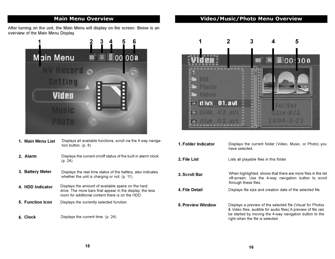 Apex Digital MP-2000 manual Main Menu Overview, Video/Music/Photo Menu Overview, Clock 