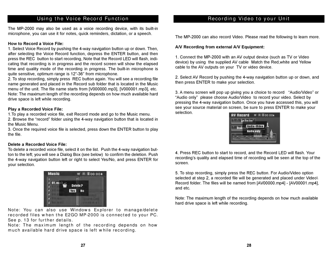 Apex Digital MP2000 manual Using the Voice Record Function, Recording Video to your Unit 