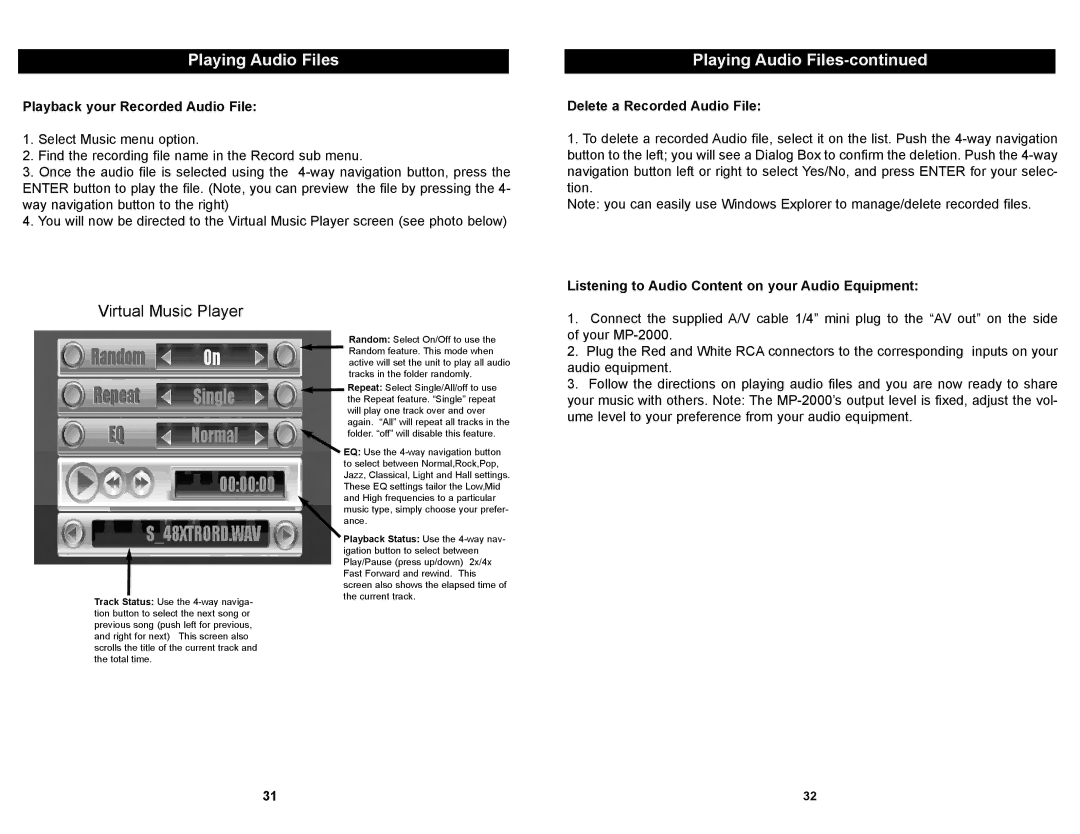 Apex Digital MP2000 manual Playing Audio Files, Playback your Recorded Audio File, Delete a Recorded Audio File 