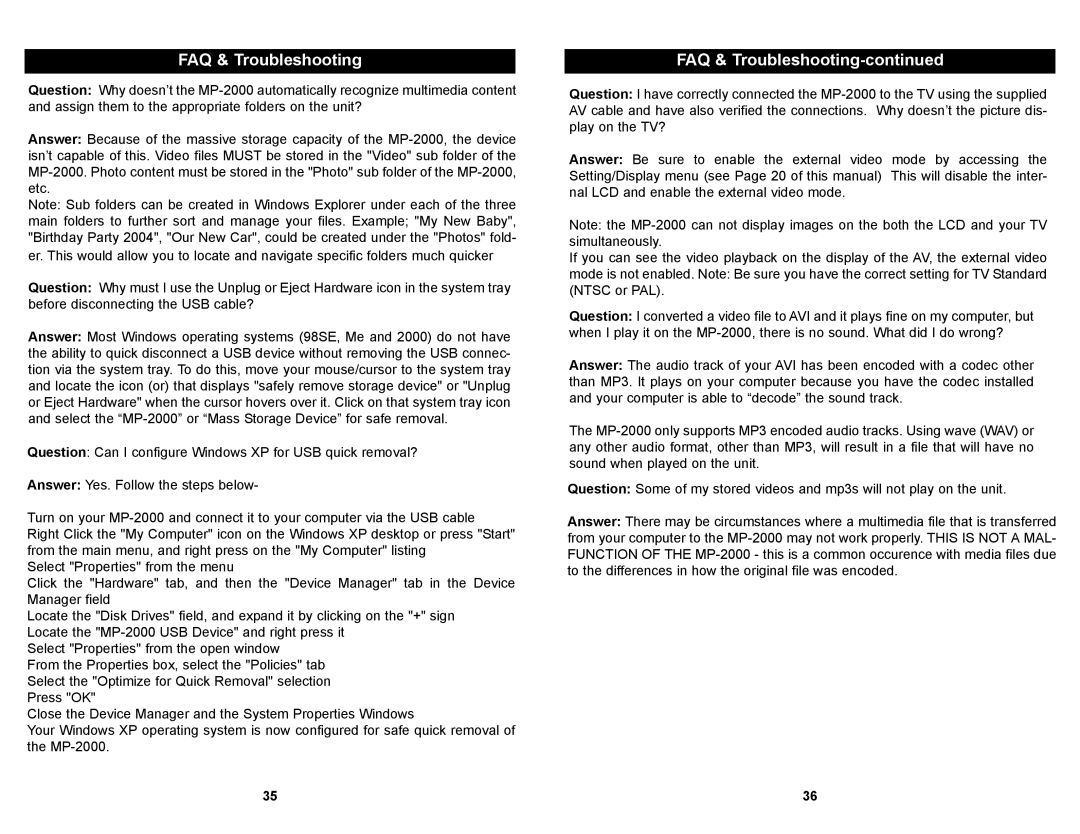 Apex Digital MP2000 manual FAQ & Troubleshooting 