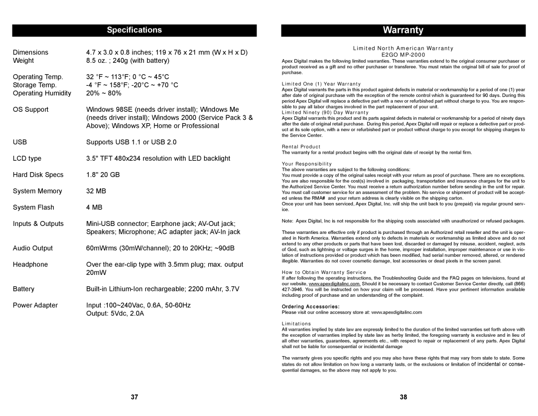 Apex Digital MP2000 manual Specifications, Limited North American Warranty E2GO MP-2000 