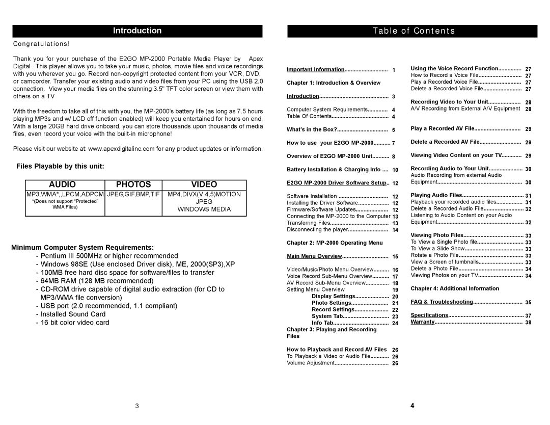 Apex Digital MP2000 manual Table of Contents 