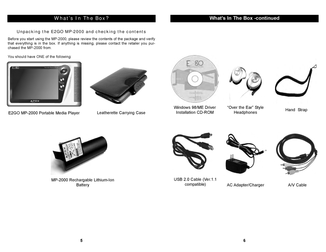 Apex Digital MP2000 manual What’s In The Box?, Unpacking the E2GO MP-2000 and checking the contents 