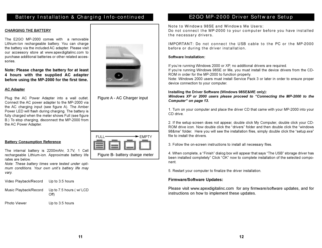 Apex Digital MP2000 manual Firmware/Software Updates, Charging the Battery 