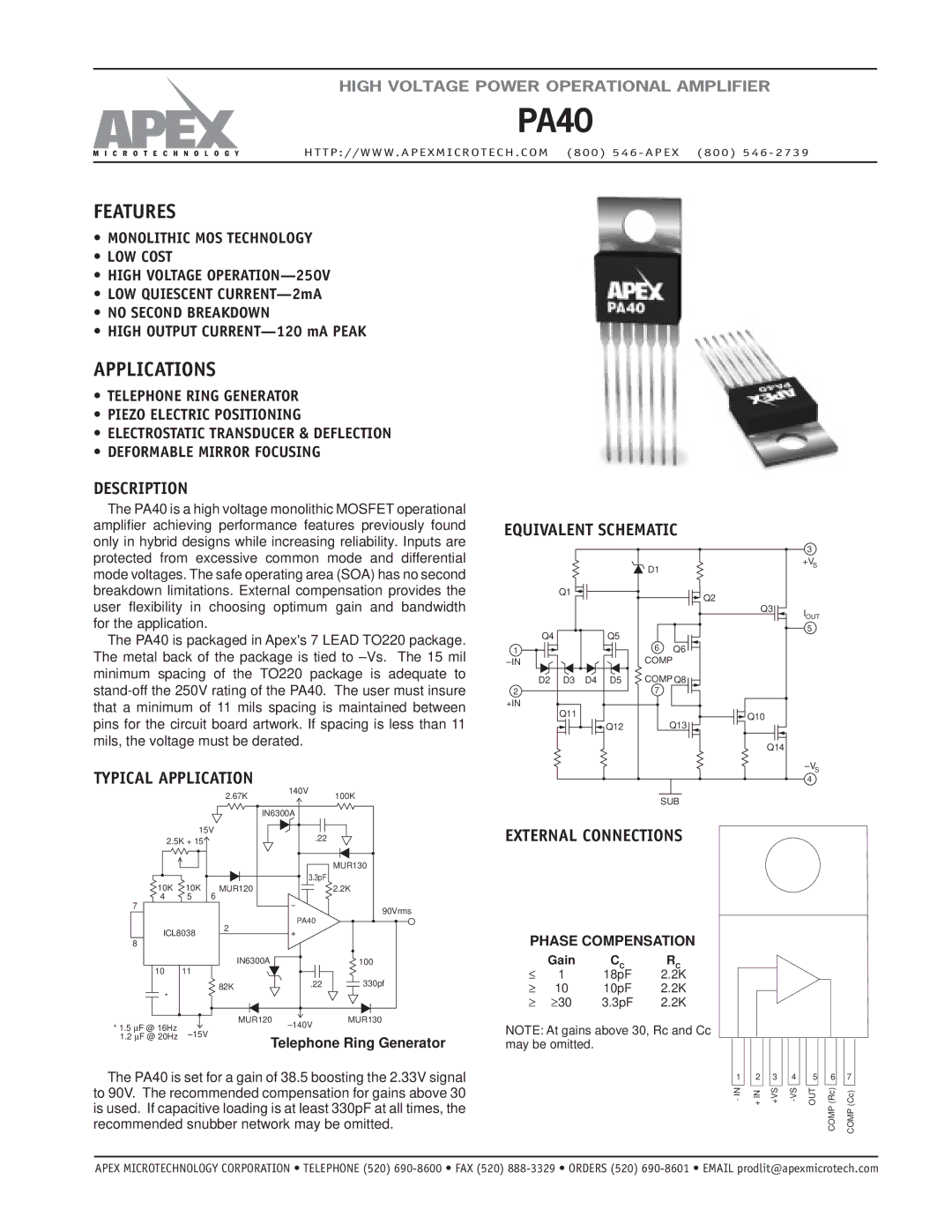 Apex Digital PA40 manual Description, Typical Application, Equivalent Schematic, External Connections, Phase Compensation 