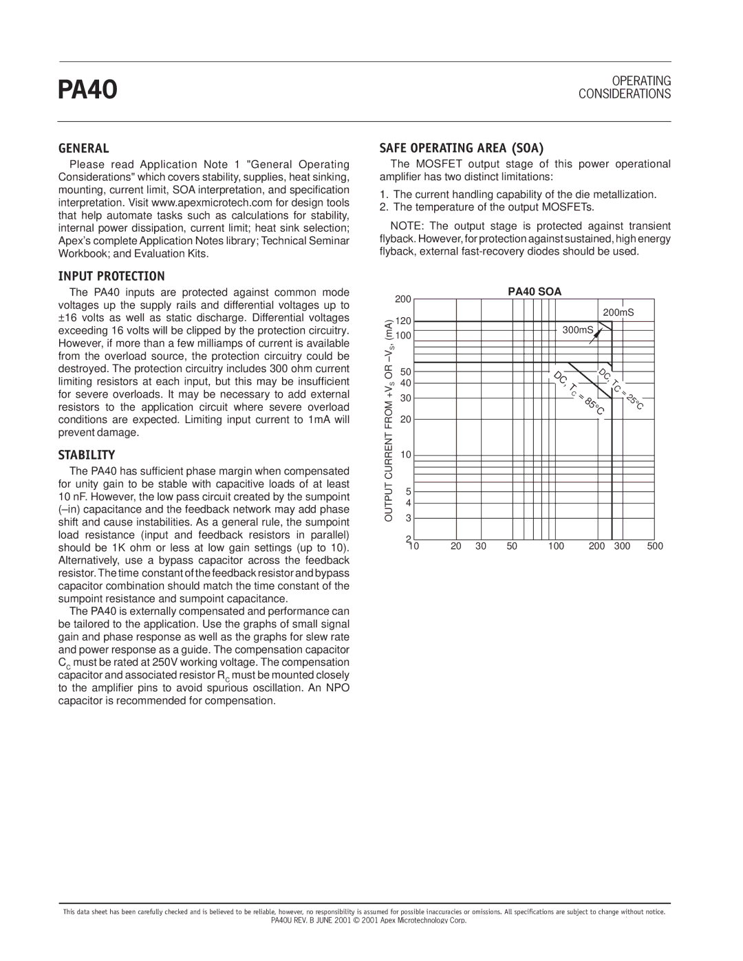 Apex Digital manual General Input Protection, Stability, Safe Operating Area SOA, PA40 SOA 