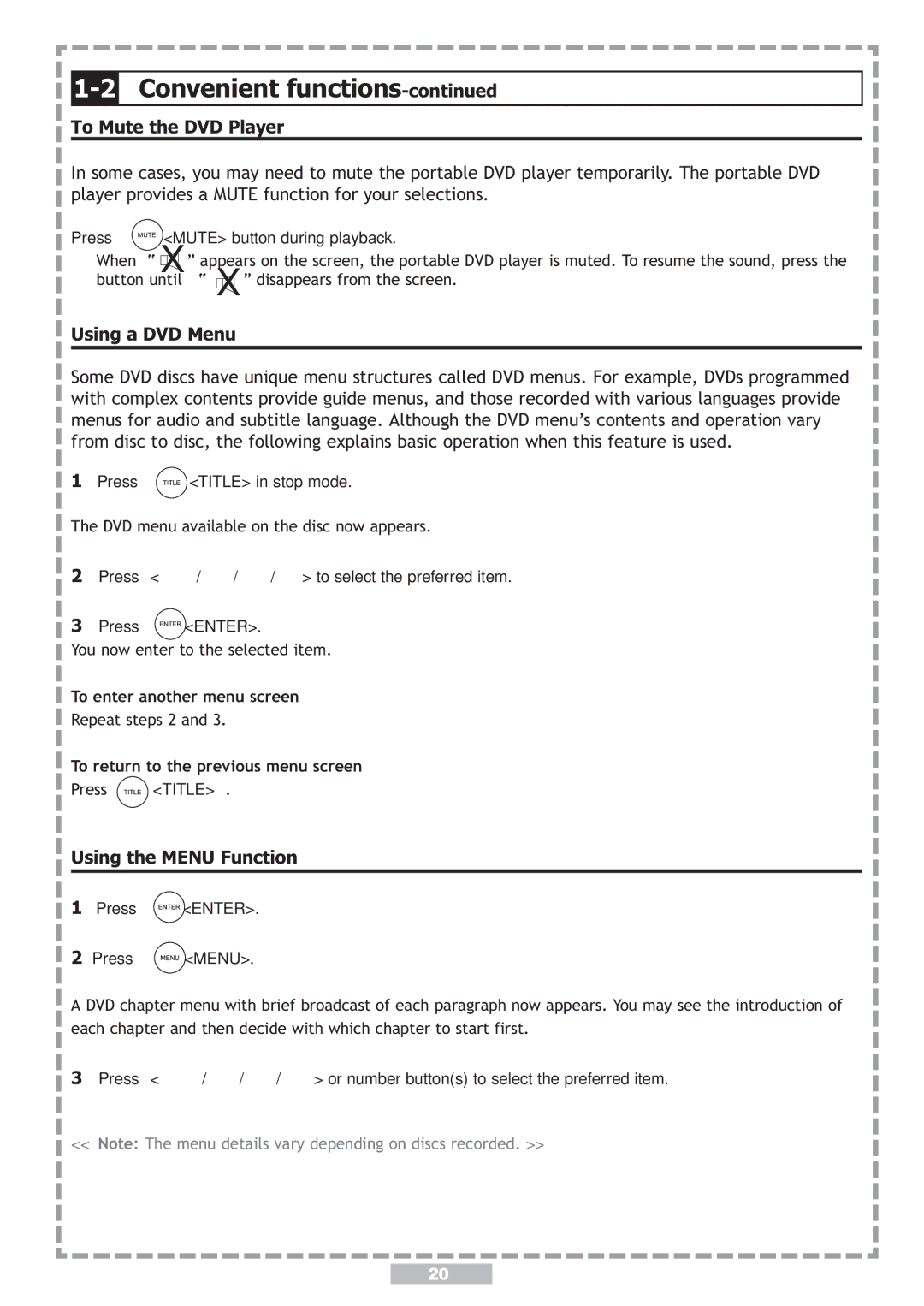 Apex Digital PD-480 user manual To Mute the DVD Player, Using a DVD Menu, Using the Menu Function 