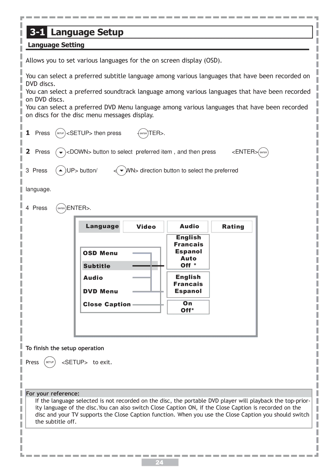 Apex Digital PD-480 user manual Language Setup, Language Setting, To finish the setup operation 