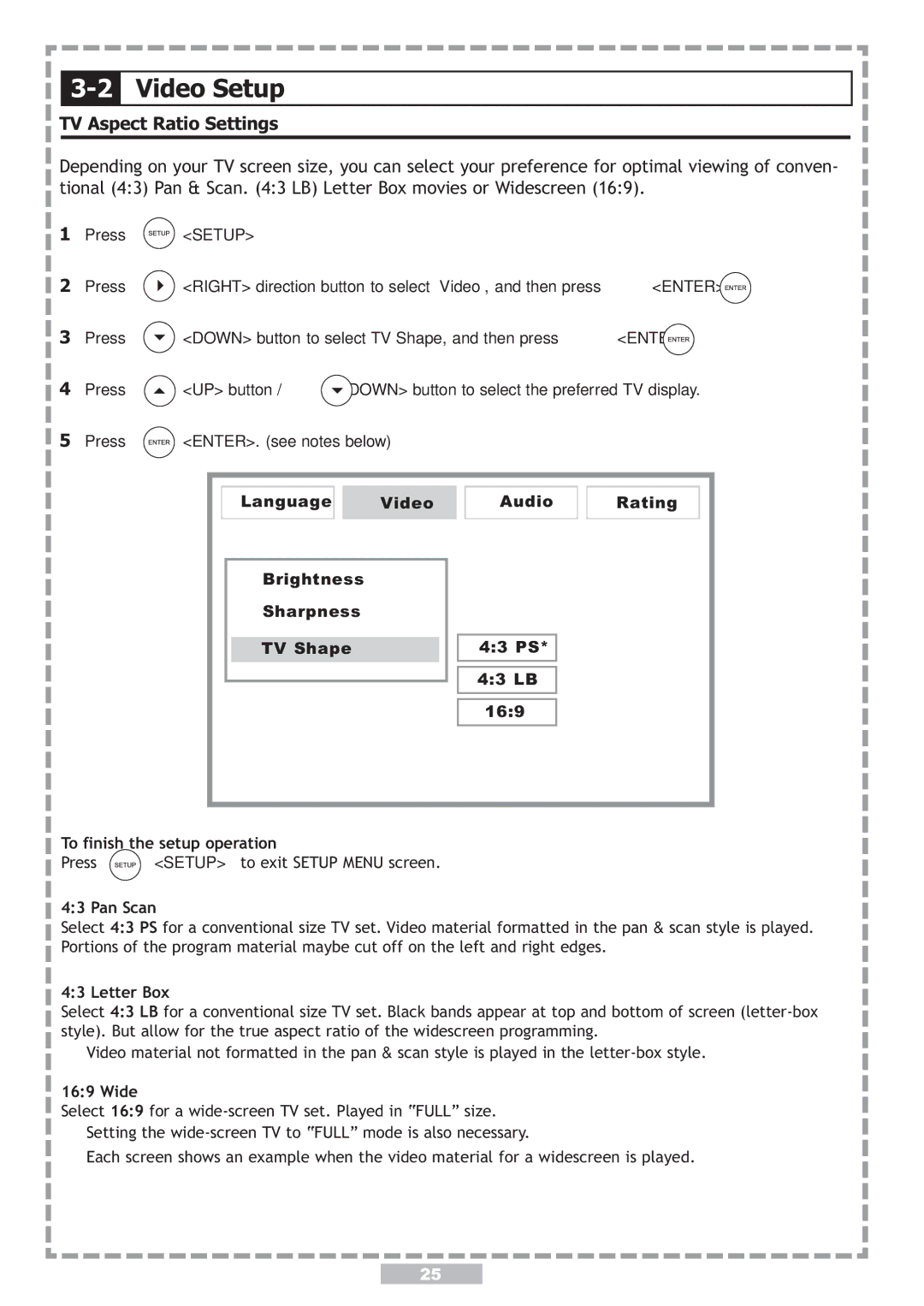 Apex Digital PD-480 user manual 2Video Setup, TV Aspect Ratio Settings, Pan Scan, Letter Box, Wide 